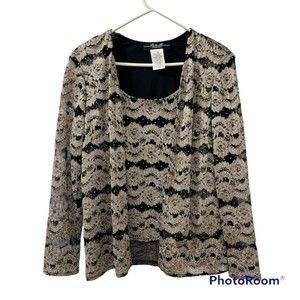 R&M Collection Gold Black Top Shimmer Sequined Attached Cardigan Sheer Top Sz 14